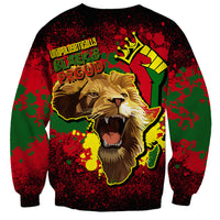 Black unisex crewneck sweatshirt with lion face, Africa map, and fist graphic