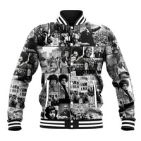 Unisex black baseball jacket with collage photo print, button front, striped rib trim