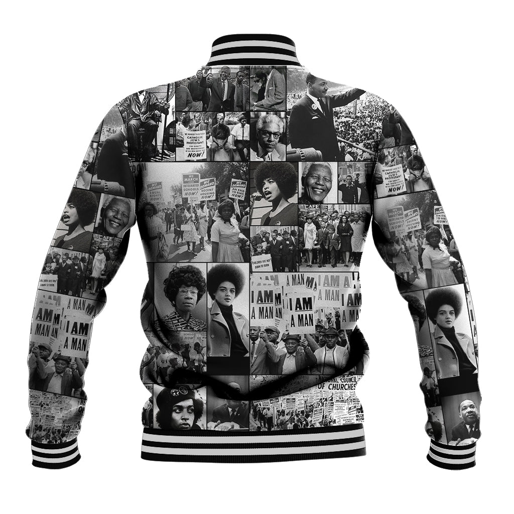 Unisex black baseball jacket with collage photo print, ribbed striped collar and cuffs