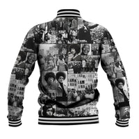 Unisex black baseball jacket with collage photo print, ribbed striped collar and cuffs
