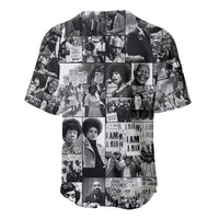 Black baseball jersey featuring a black-and-white collage graphic, short sleeves, crew neck.
