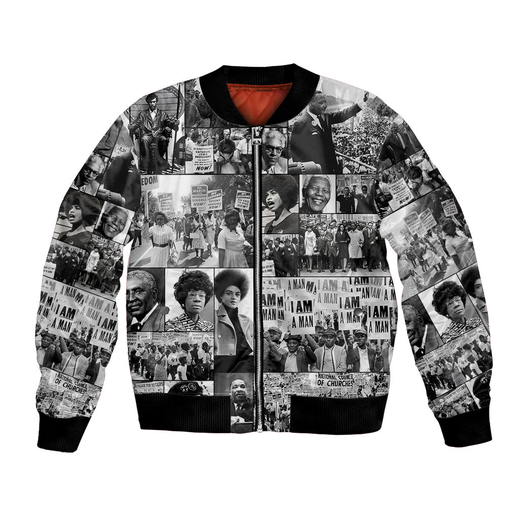 Black bomber jacket with photo collage print and ribbed cuffs/hem