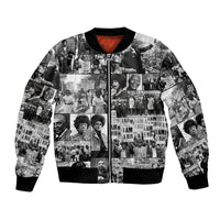 Black bomber jacket with photo collage print and ribbed cuffs/hem