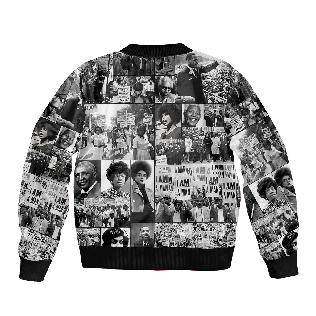 Black photo-collage bomber jacket with ribbed collar and hem
