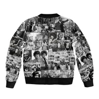 Black photo-collage bomber jacket with ribbed collar and hem