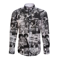 Black long-sleeve button shirt with collage portrait graphic, spread collar.