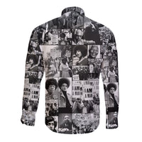 Black long-sleeve button shirt with patchwork portrait collage print, spread collar.