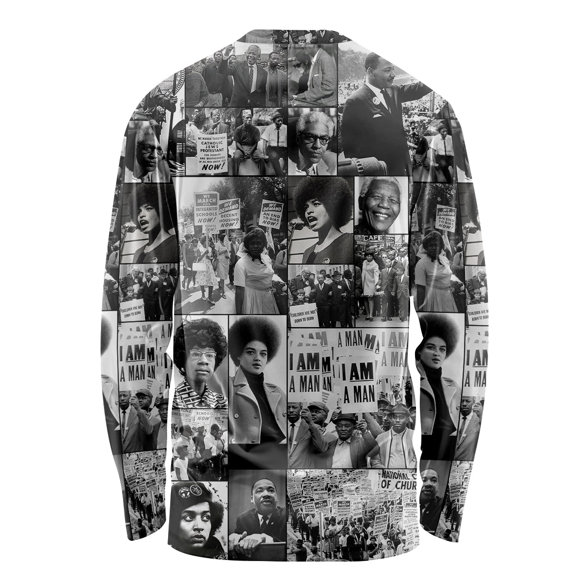 Black long sleeve shirt with collage portrait graphic and crew neck