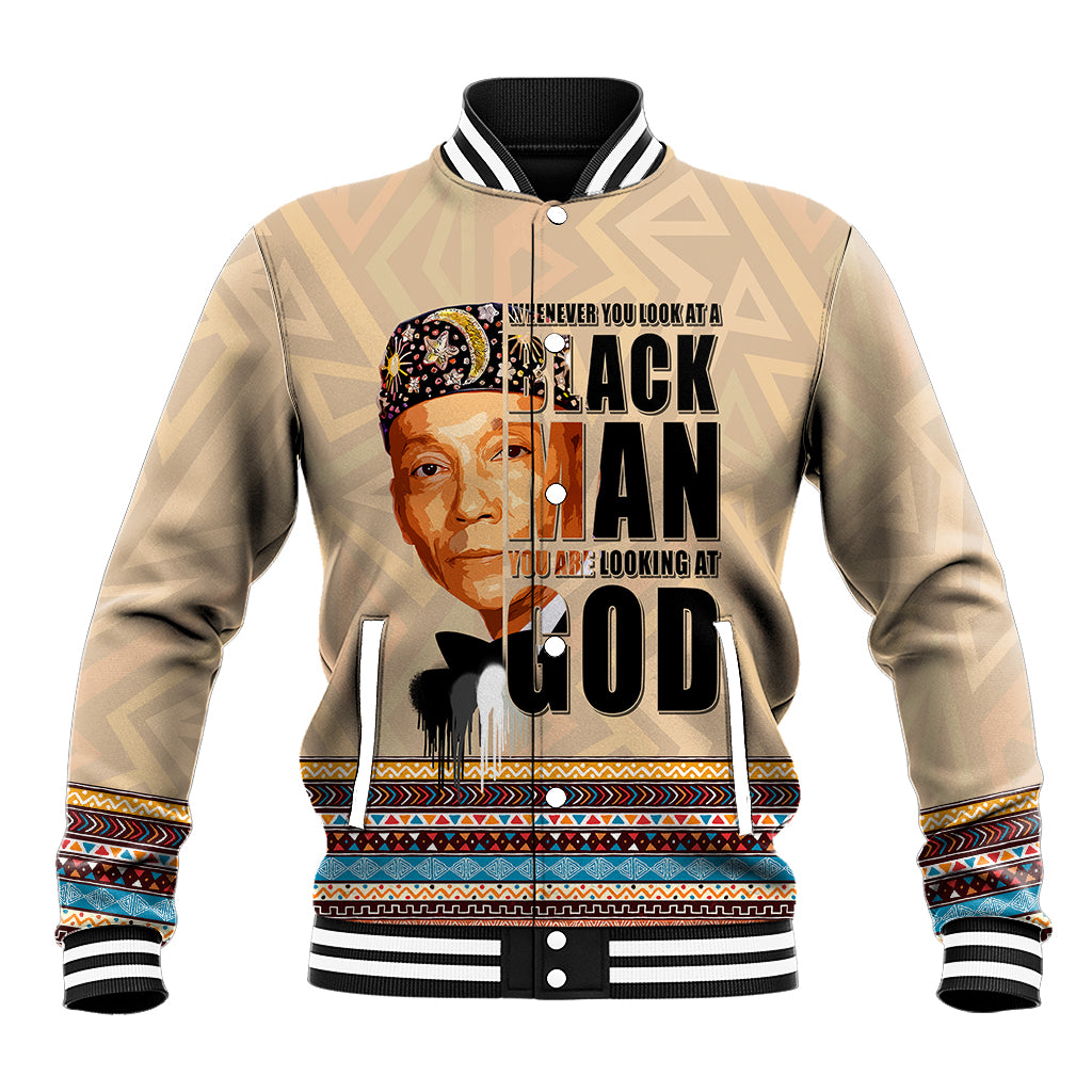 Beige baseball jacket with ribbed collar, snap-button front, and front graphic print