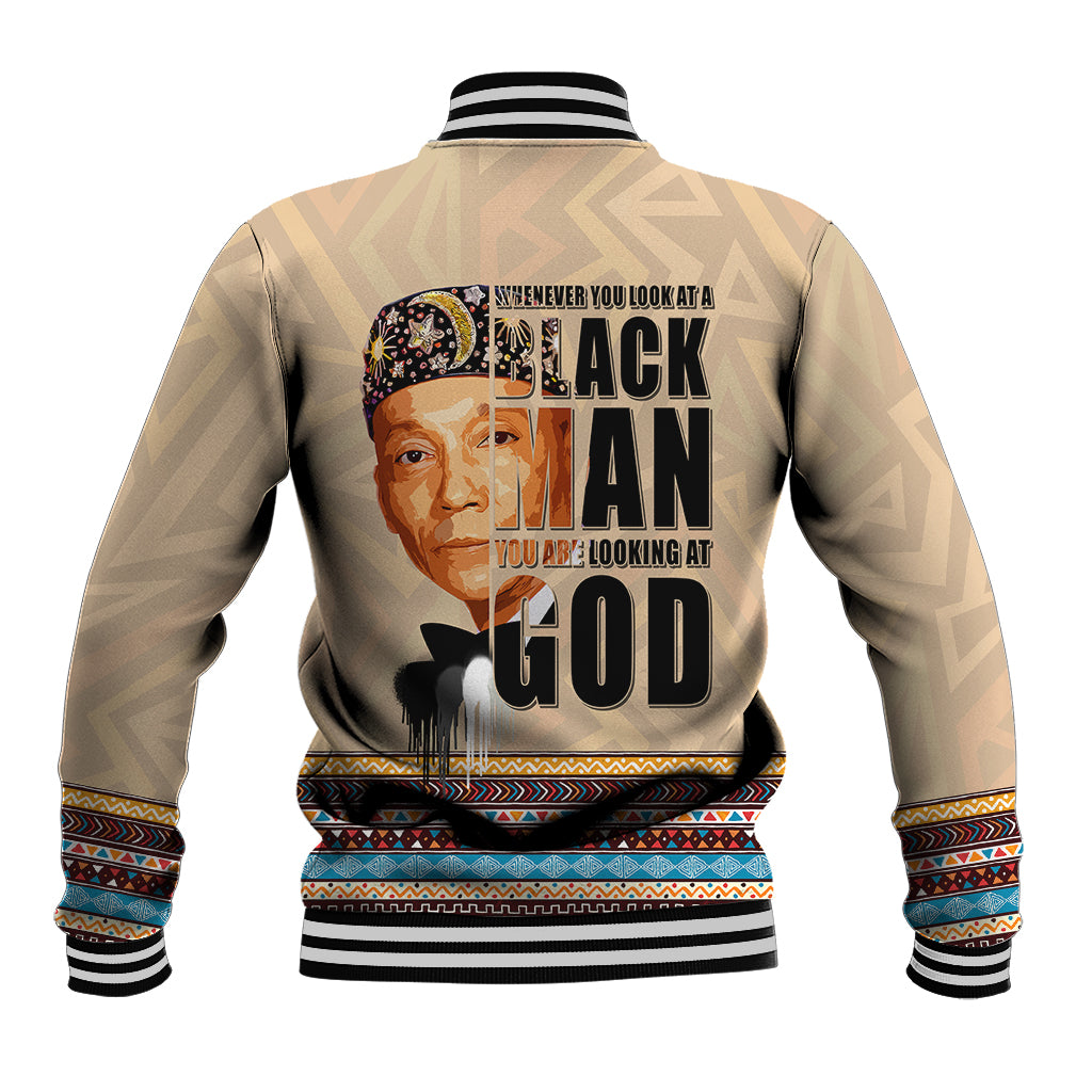 Beige baseball jacket with striped ribbed cuffs and back graphic portrait print