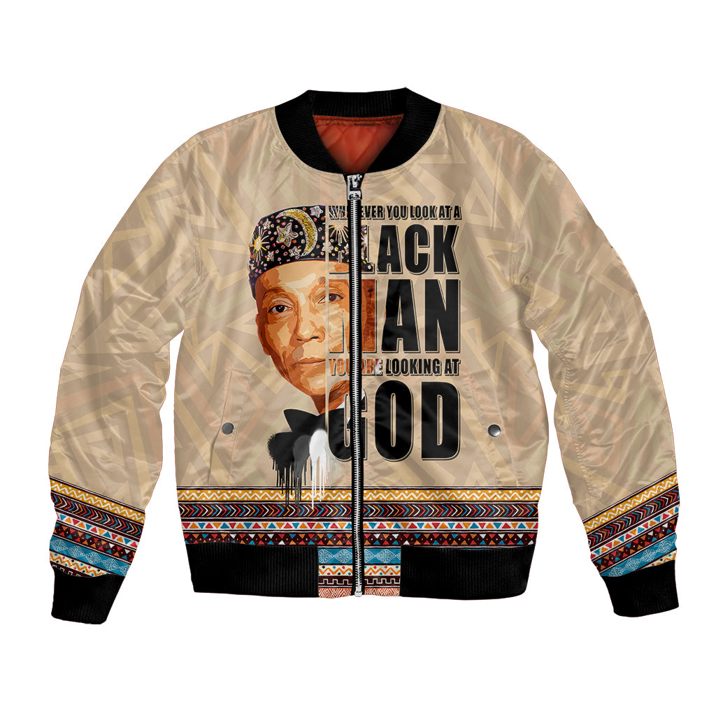 Beige bomber jacket with front zipper, black ribbed cuffs, and portrait graphic print