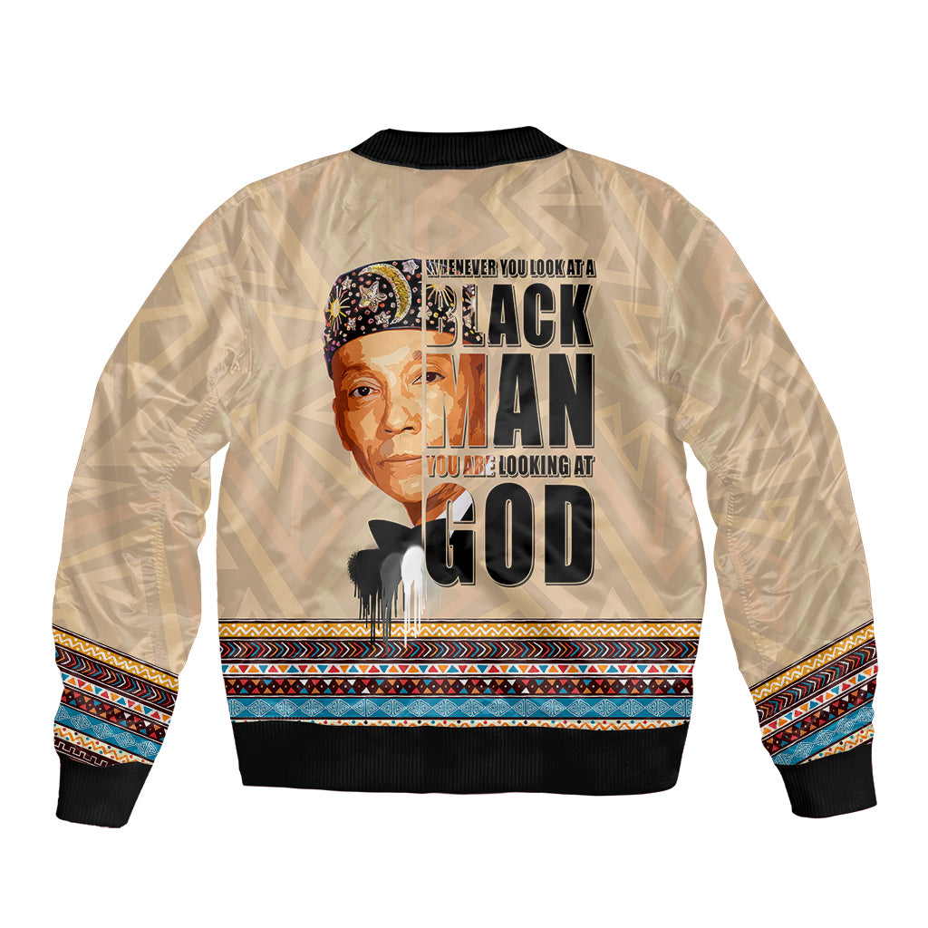 Beige bomber jacket with black ribbed collar and cuffs, portrait graphic across chest