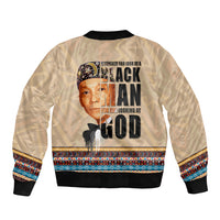 Beige bomber jacket with black ribbed collar and cuffs, portrait graphic across chest