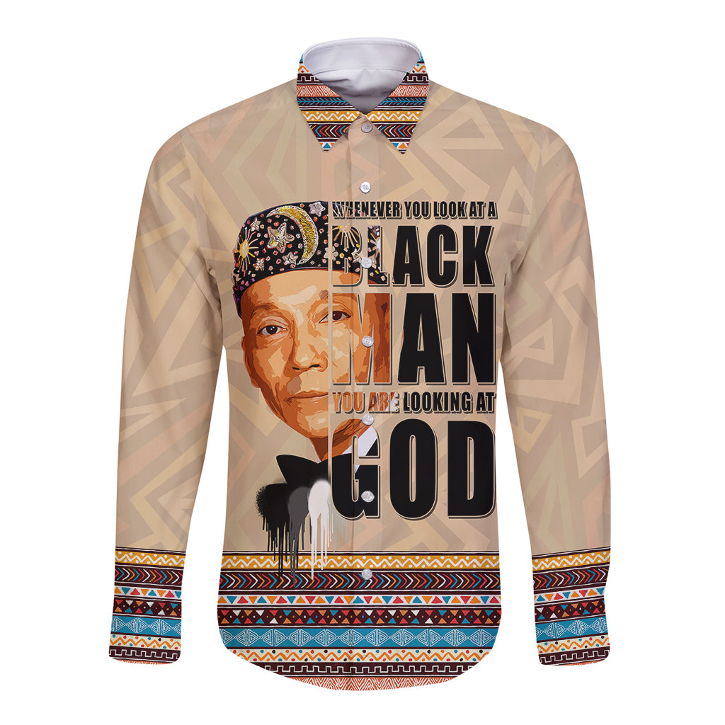 Beige hooded long-sleeve button shirt with multicolor patterned trim and front graphic