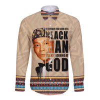 Beige hooded long-sleeve button shirt with multicolor patterned trim and front graphic
