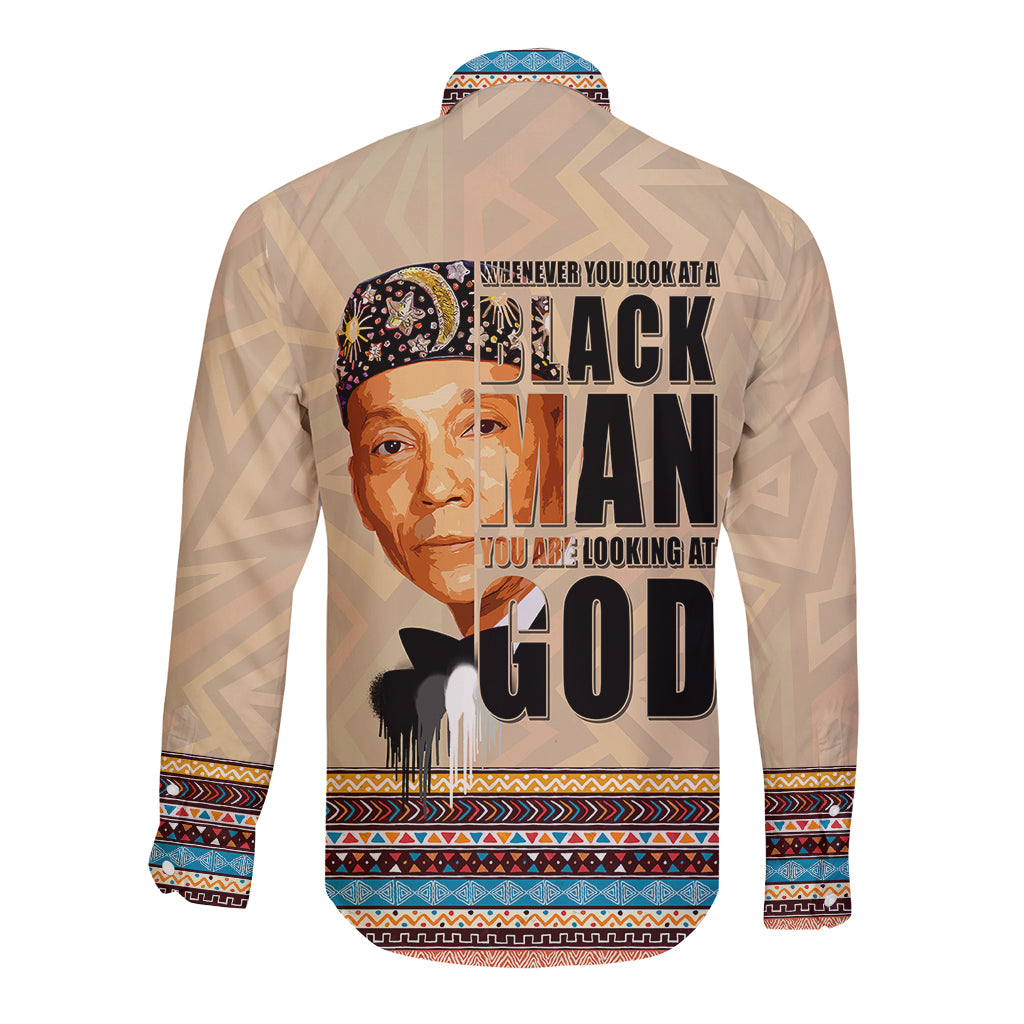 Beige hooded long-sleeve button shirt with large back graphic and multicolor patterned trim