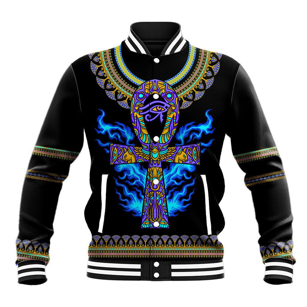 Unisex black varsity baseball jacket with blue/gold Egyptian ankh graphic, striped cuffs