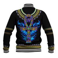 Unisex black baseball jacket back with blue/gold Egyptian ankh face artwork, striped collar