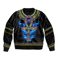 Unisex black bomber jacket with blue-gold ankh fire print, ribbed hem and striped sleeves