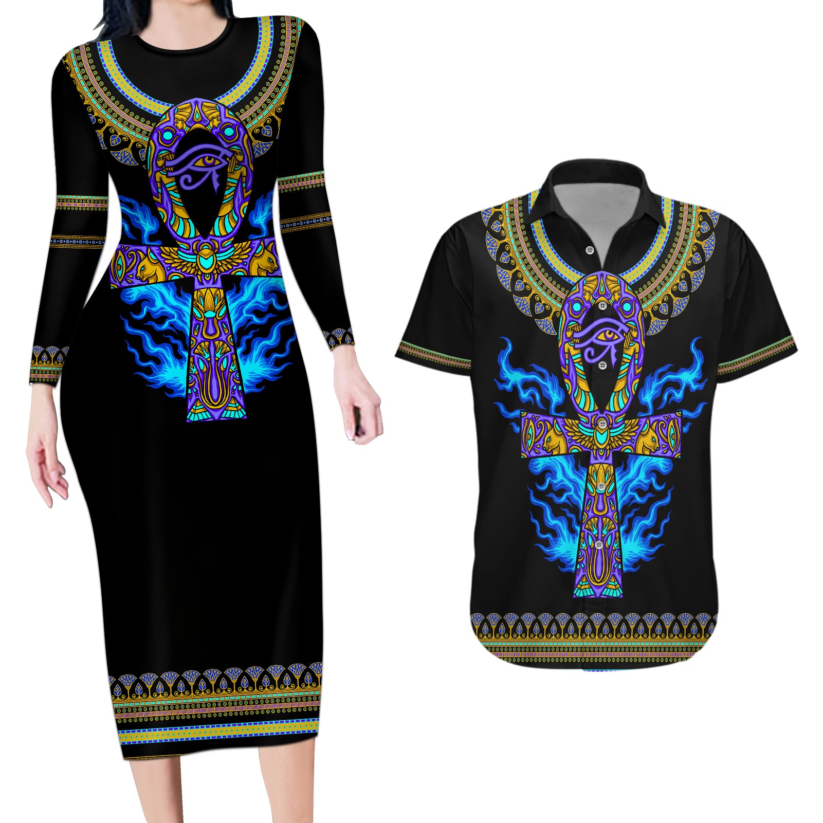 Egyptian Ankh Golden Blue Fire Couples Matching Long Sleeve Bodycon Dress and Hawaiian Shirt - Wonder Print Shop