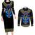 Egyptian Ankh Golden Blue Fire Couples Matching Long Sleeve Bodycon Dress and Long Sleeve Button Shirts - Wonder Print Shop