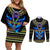 Egyptian Ankh Golden Blue Fire Couples Matching Off Shoulder Short Dress and Long Sleeve Button Shirts - Wonder Print Shop