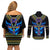 Egyptian Ankh Golden Blue Fire Couples Matching Off Shoulder Short Dress and Long Sleeve Button Shirts - Wonder Print Shop