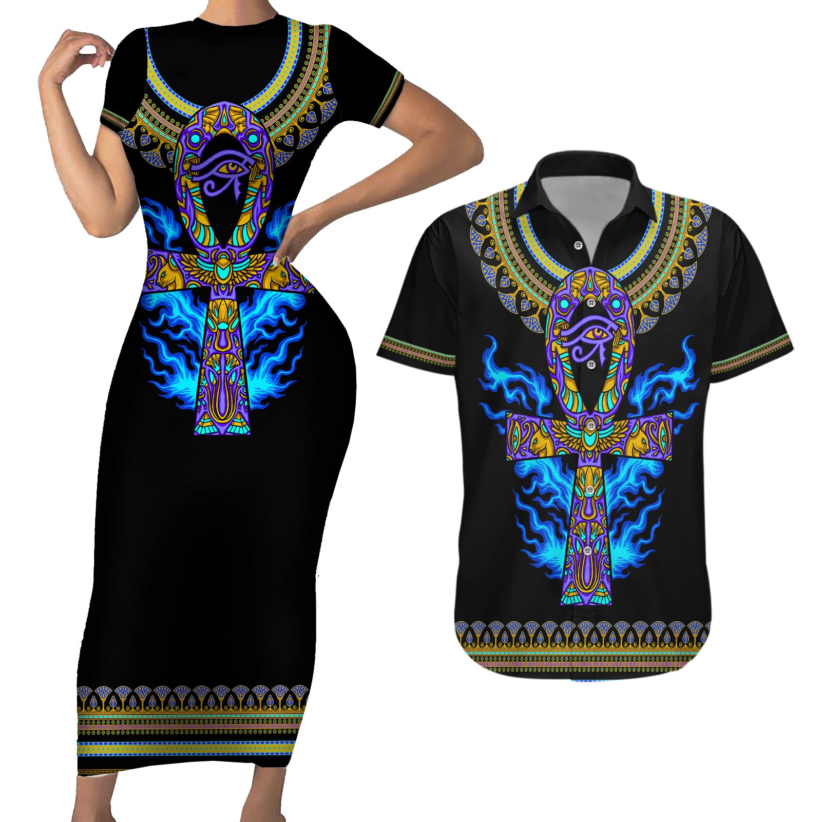 Egyptian Ankh Golden Blue Fire Couples Matching Short Sleeve Bodycon Dress and Hawaiian Shirt - Wonder Print Shop