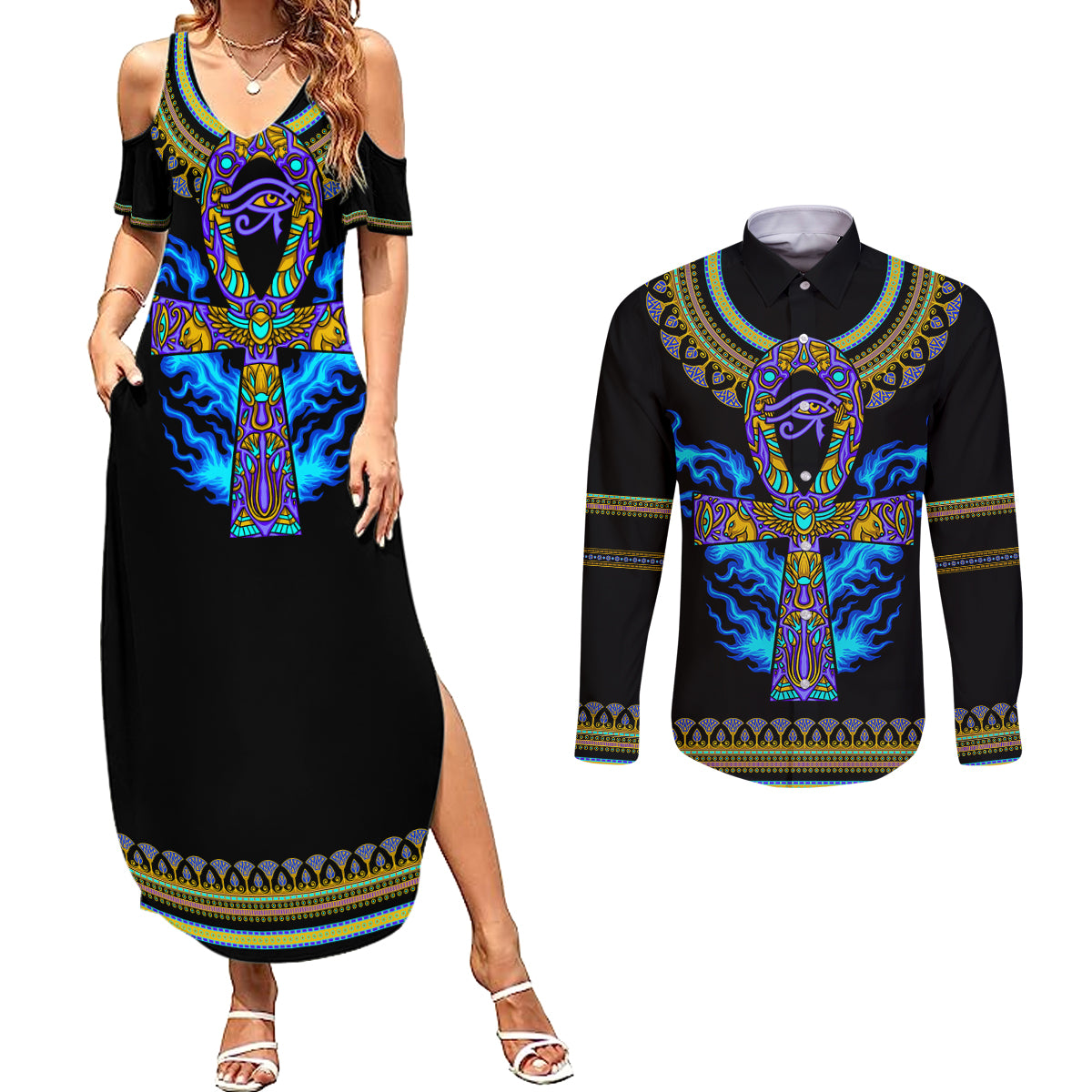 Egyptian Ankh Golden Blue Fire Couples Matching Summer Maxi Dress and Long Sleeve Button Shirts - Wonder Print Shop