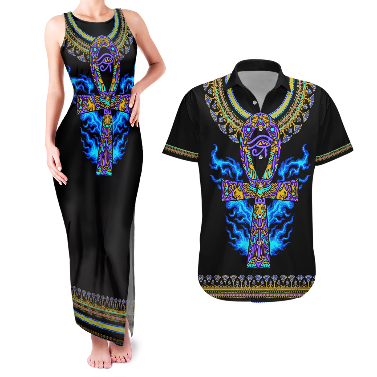 Egyptian Ankh Golden Blue Fire Couples Matching Tank Maxi Dress and Hawaiian Shirt - Wonder Print Shop