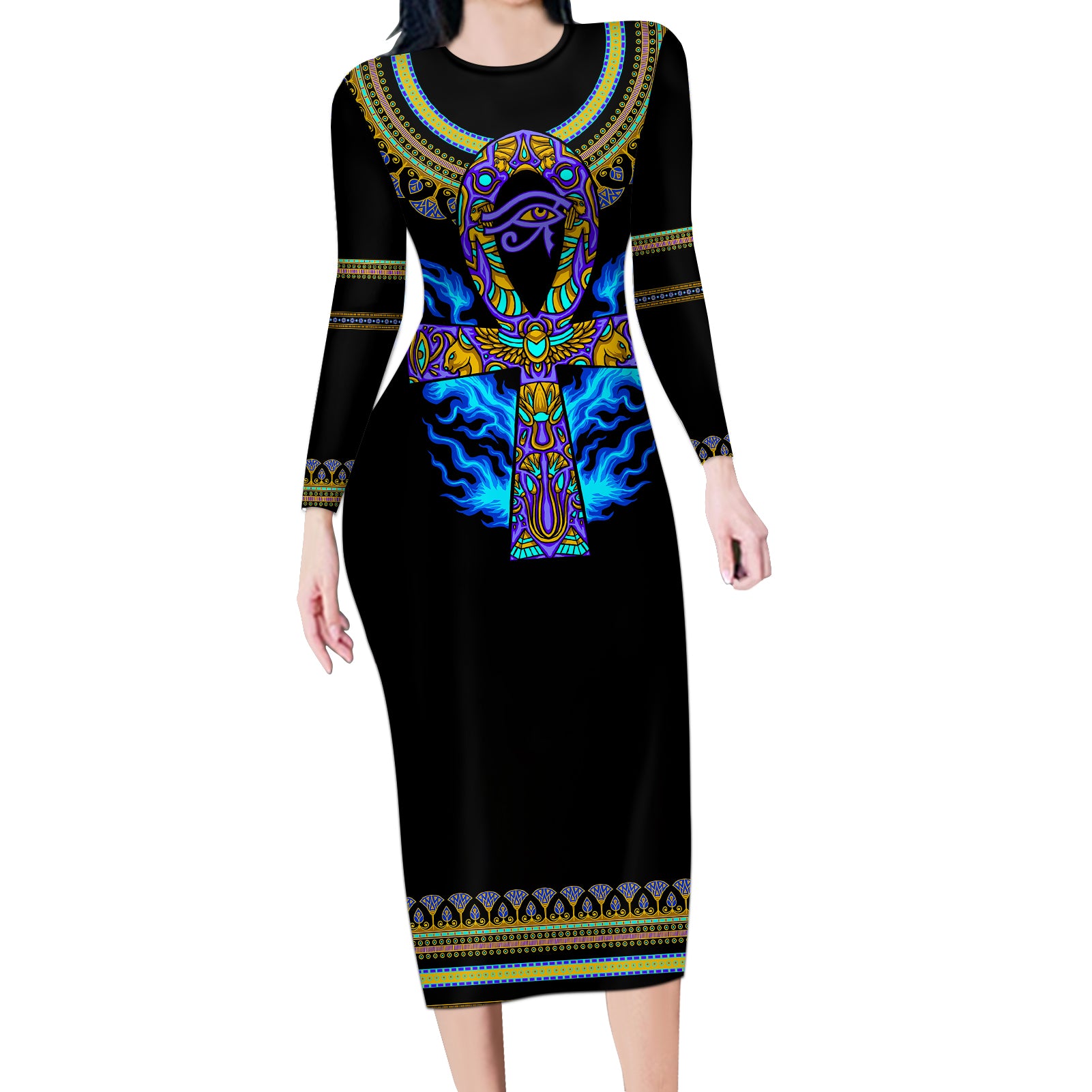 egyptian-ankh-golden-blue-fire-long-sleeve-bodycon-dress