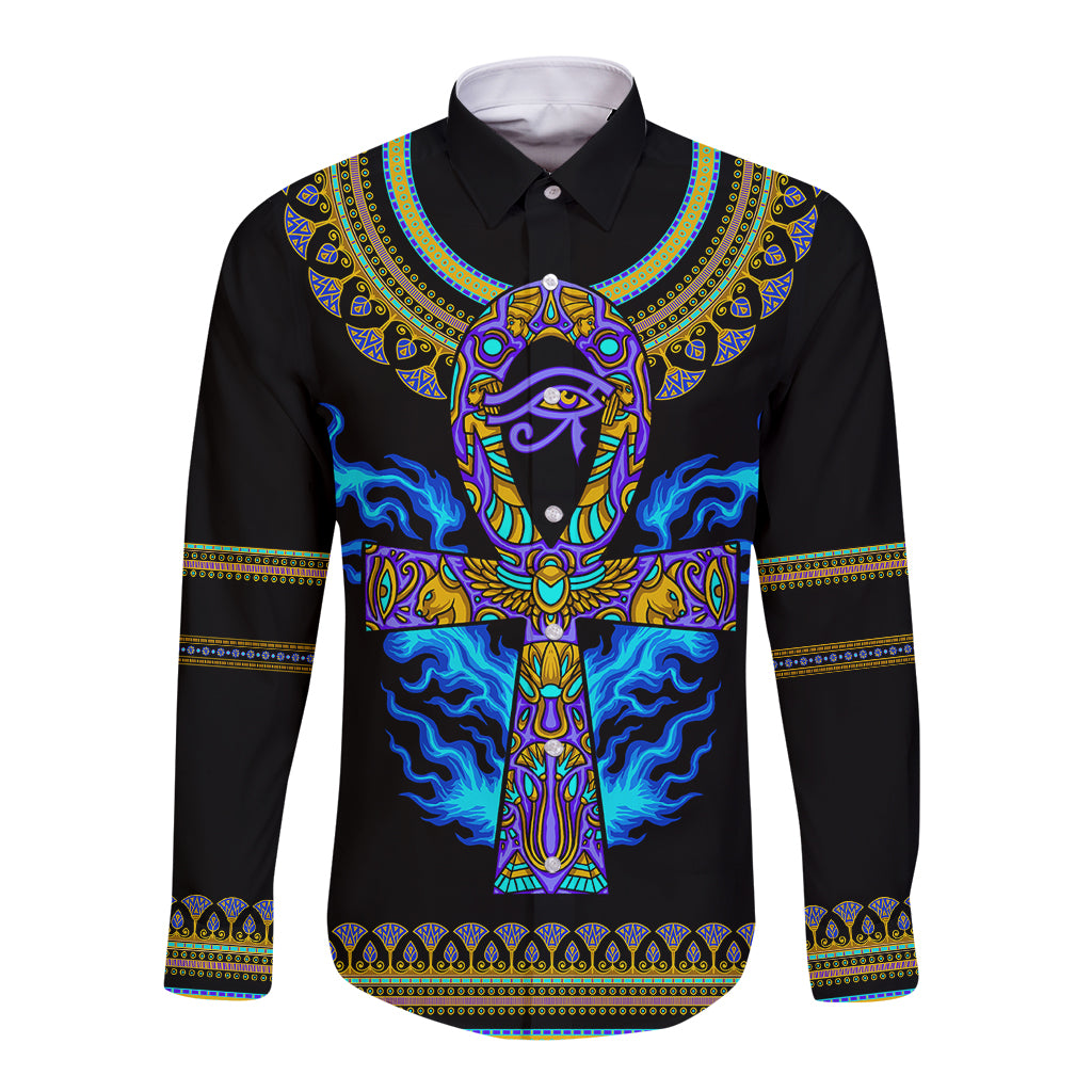 egyptian-ankh-golden-blue-fire-long-sleeve-button-shirt