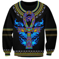 Black unisex crewneck sweatshirt with gold-and-blue Egyptian ankh fire graphic