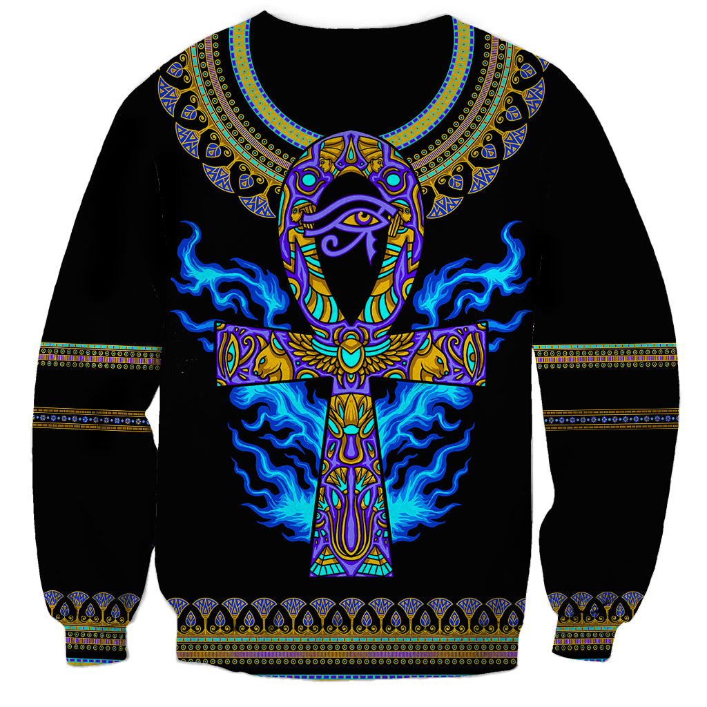 Black unisex sweatshirt, front panel gold-and-blue Egyptian ankh fire print