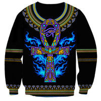 Black unisex sweatshirt, front panel gold-and-blue Egyptian ankh fire print