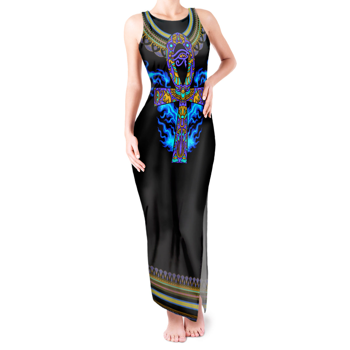 egyptian-ankh-golden-blue-fire-tank-maxi-dress