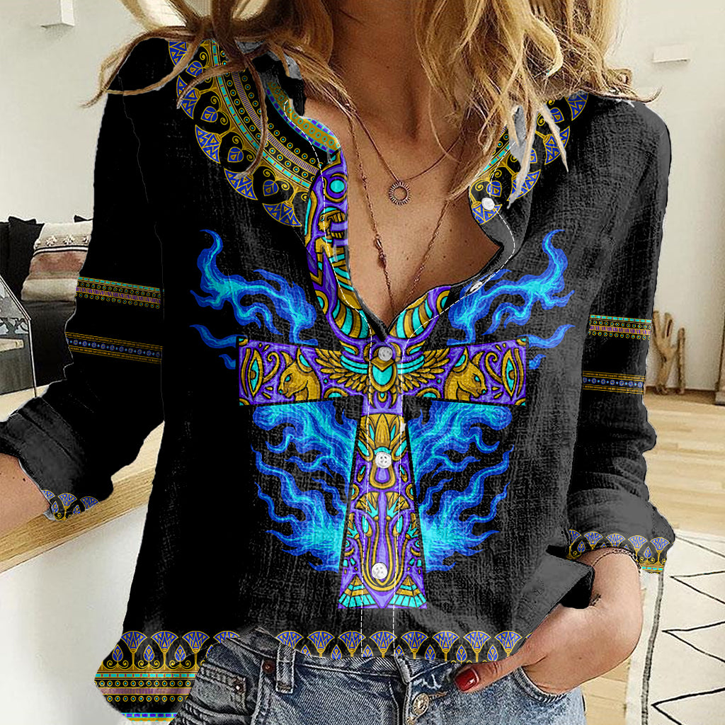 egyptian-ankh-golden-blue-fire-women-casual-shirt