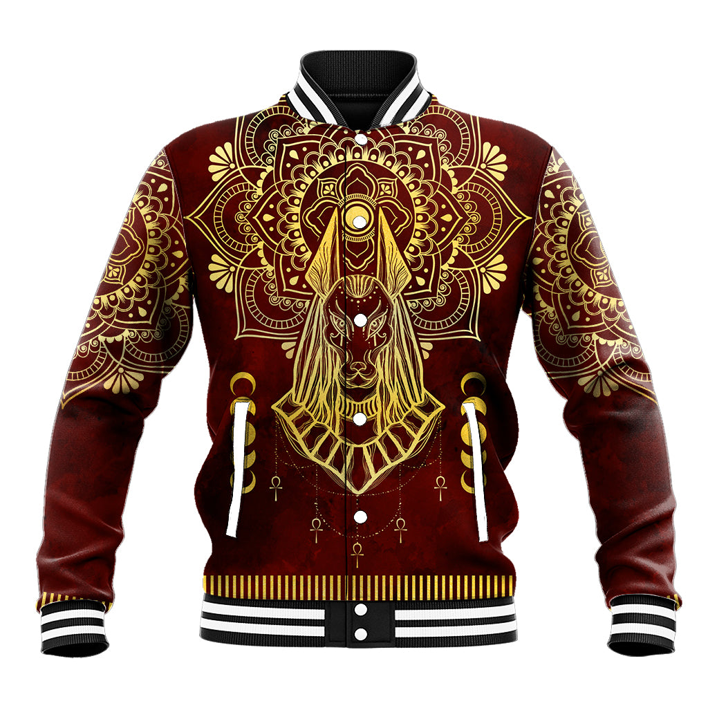 Red varsity baseball jacket with gold Anubis graphic, button front, striped collar and cuffs