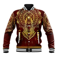 Red varsity baseball jacket with gold Anubis graphic, button front, striped collar and cuffs