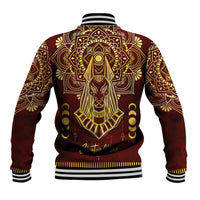 Red varsity baseball jacket with gold Anubis graphic on back, striped ribbed collar and hem