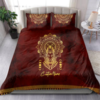Red duvet and 2 pillowcases with centered gold Anubis mandala and 'Custom Name' text
