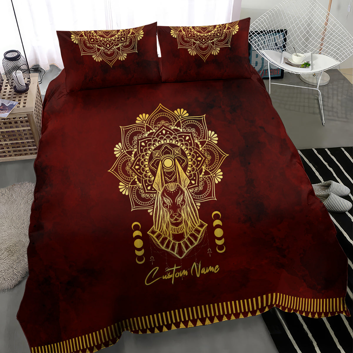 Red bedding set with large gold Anubis figure in mandala and 'Custom Name' on duvet