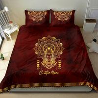 Red duvet with gold Anubis mandala border and 'Custom Name', plus 2 pillowcases