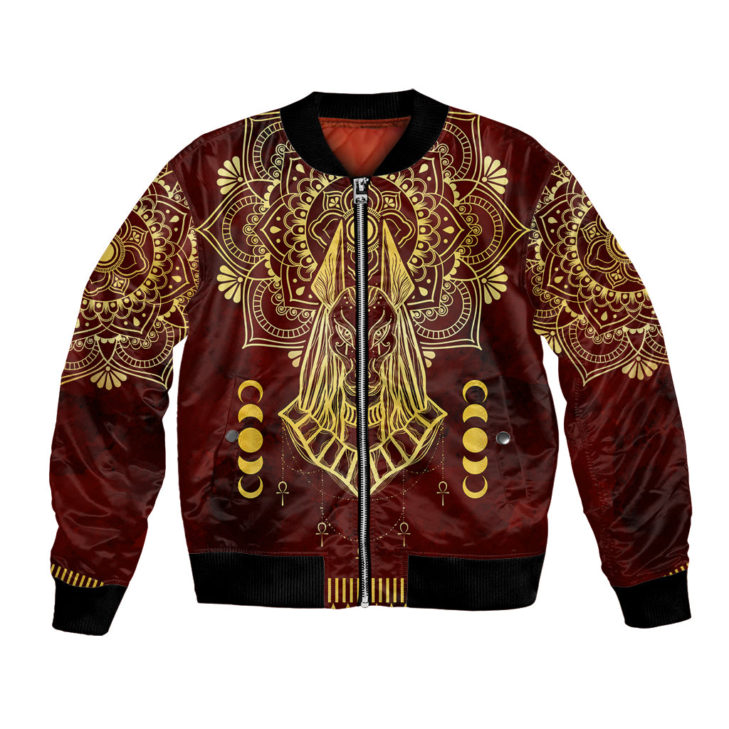 Red bomber jacket with gold Anubis emblem, ornate pattern, black ribbed trim