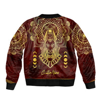 Red bomber jacket with gold Anubis graphic on back, 'Christian Vane' text, black trim