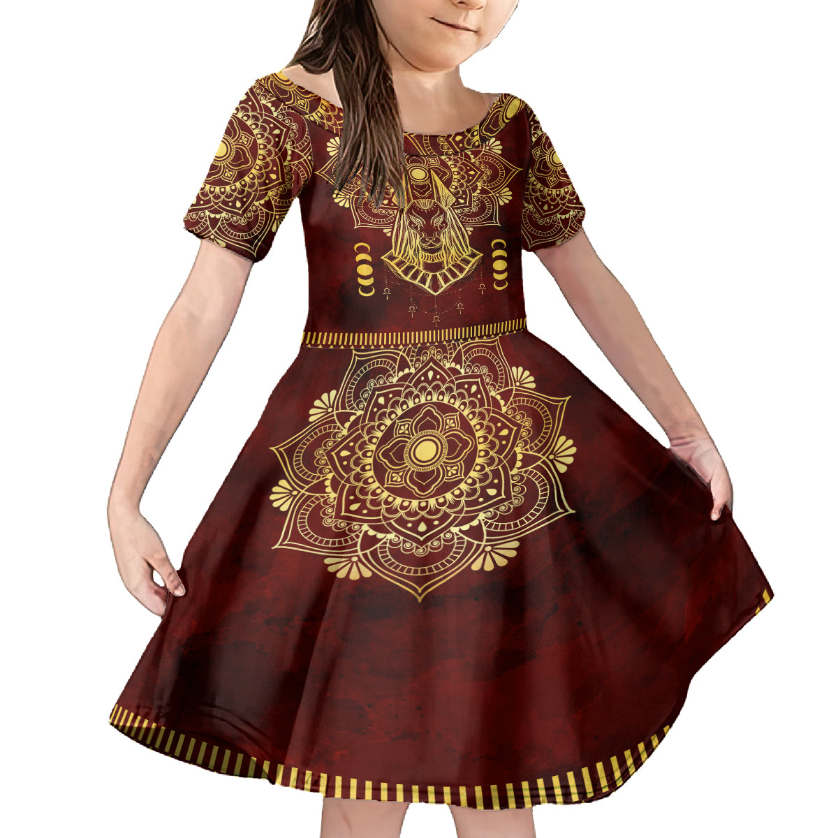 Personalized Anubis Kid Short Sleeve Dress Ancient Egyptian Pattern In Red