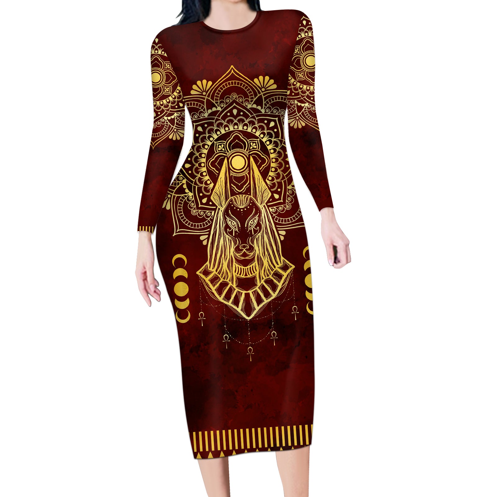 Personalized Anubis Long Sleeve Bodycon Dress Ancient Egyptian Pattern In Red