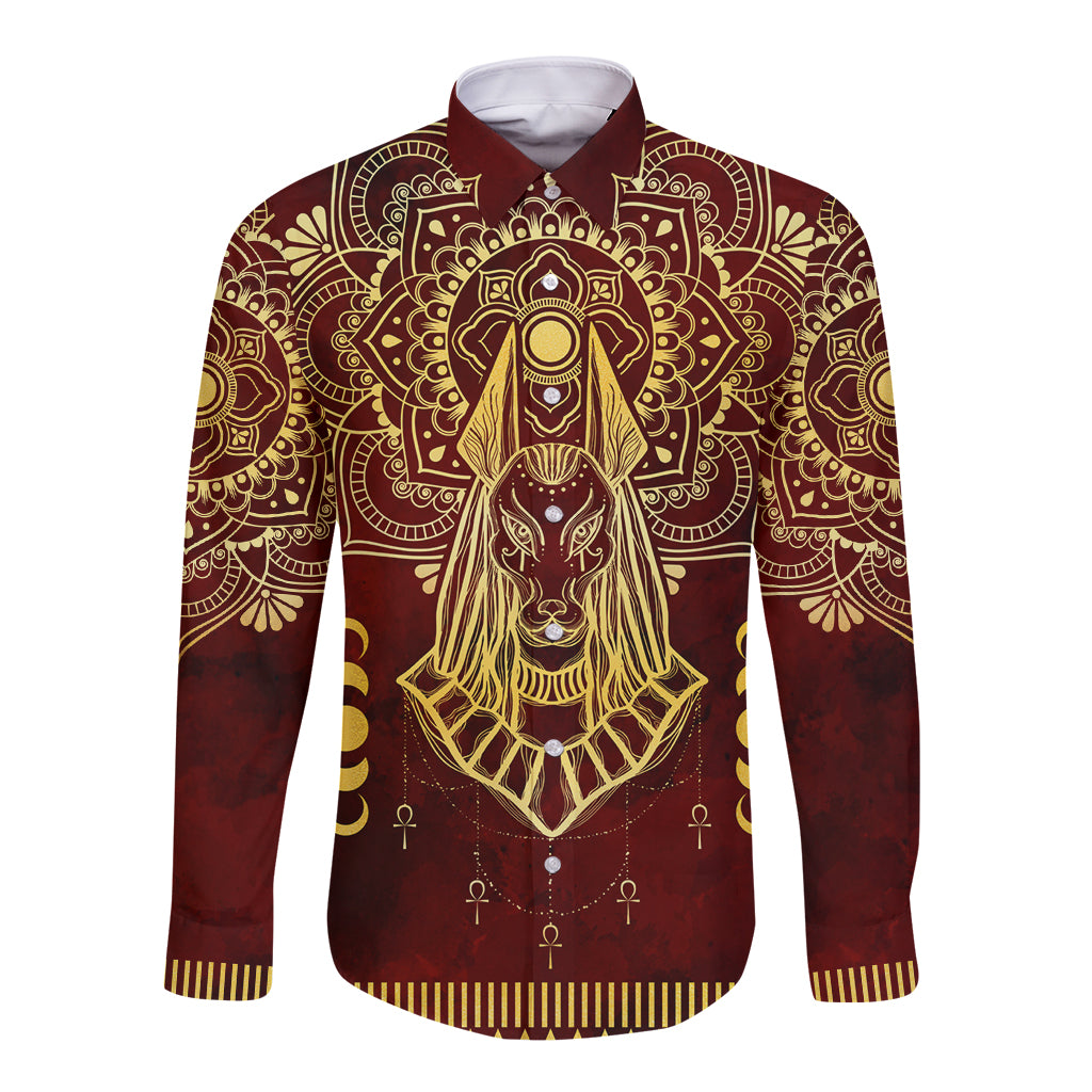 Unisex long sleeve button shirt with red and gold Anubis graphic, front view