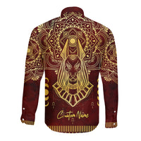 Unisex long sleeve button shirt with red and gold Anubis graphic, Custom Name text