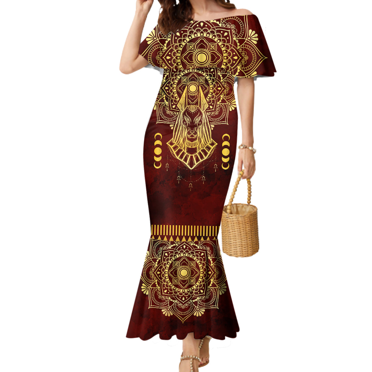 Personalized Anubis Mermaid Dress Ancient Egyptian Pattern In Red